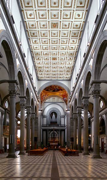 Inside the Church of San Lorenzo, Florence, Italy. Notice the columns, arches and simple lines.