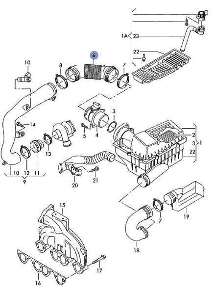 For the 2005+ VW Jetta, the air intake parts are shown. Other years may be similar. The MAF is directly above #4. Outside air enters at #19.