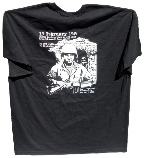 T-shirt commemorating the 70th anniversary, illustrating that the Japanese were in, not on, Iwo Jima