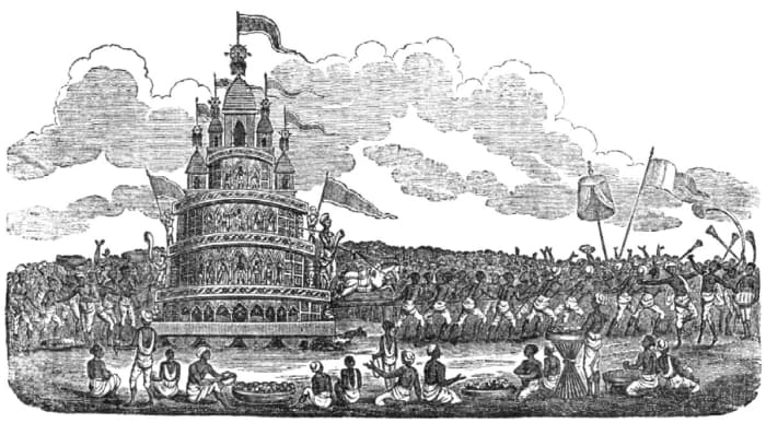 Ratha Yatra: the Journey of the Chariot bearing the huge deities surrounded by thousands of devotees.