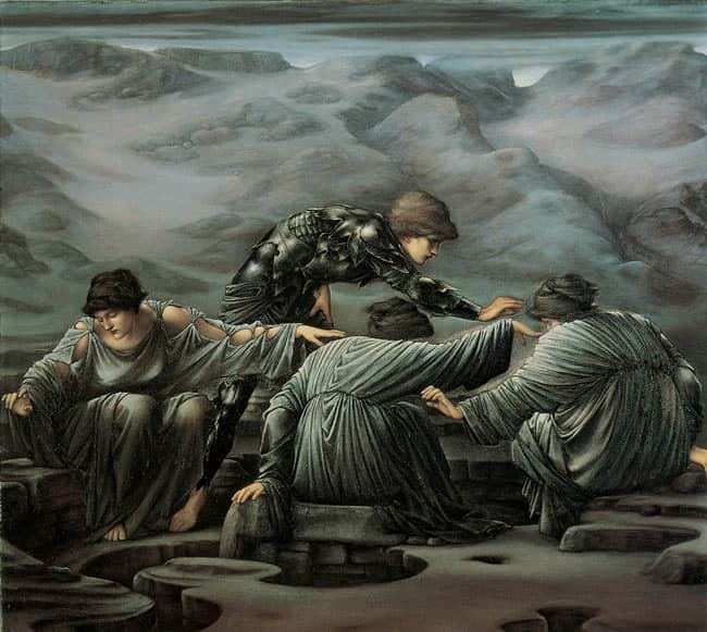 'Perseus and the Graeae' by Edward Burne-Jones, 1882. In this evocative picture, the artist has chosen to present the Graeae as young and beautiful rather than the withered old women of tradition.