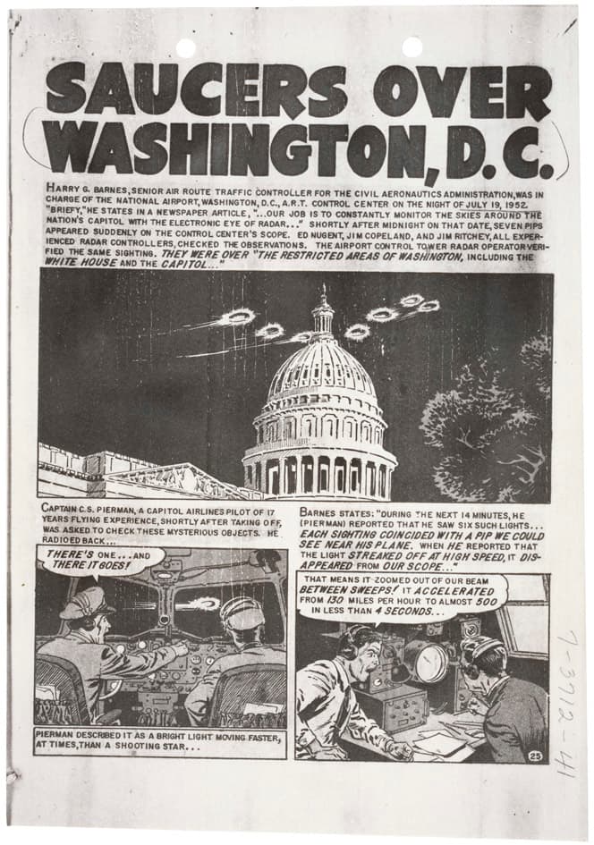 Page one of a comic about the UFOs sighted over Washington, DC shortly after Project Grudge changed into Project Blue Book.