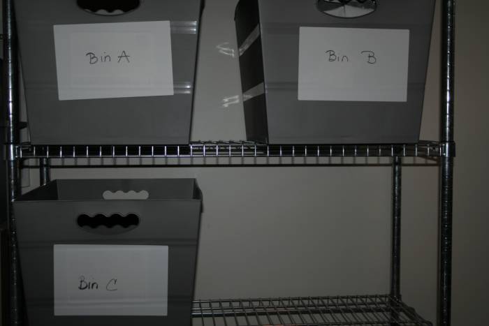 Shelving where I store my inventory bins. I use a basic lettering system to label my bins. Use whatever fits your needs the best.