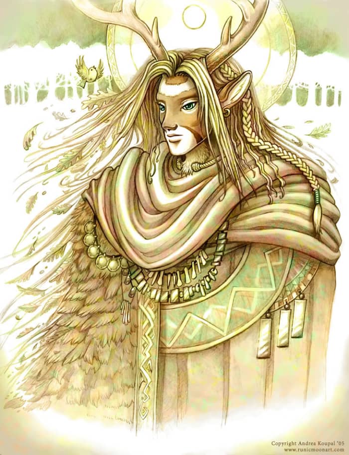 The god Cernunnos, drawing by Andrea Koupal - looks similar to Herne the Hunter, the British stag-headed god celebrated in the south-eastern London district of Herne Hill