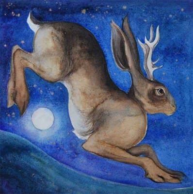 One of many Celtic stories around animals, this illustrates one of a deer turned hare by magic - Celtic witchcraft was something of wonder, not of fear (littleredelf.com)