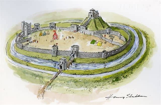Artist's impression of stone-built Berkhamstead Castle with customary 'motte' (inner mound area) and 'bailey', outer walled defensive area. A drawbridge links the gatehouse with surrounding land. Inner gateway guards access to the 'keep' (tower)