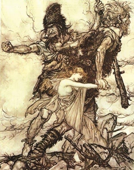 The jötnar Fafner and Fasolt seize Freyja in Arthur Rackham's illustration to Richard Wagner's Der Ring des Nibelungen