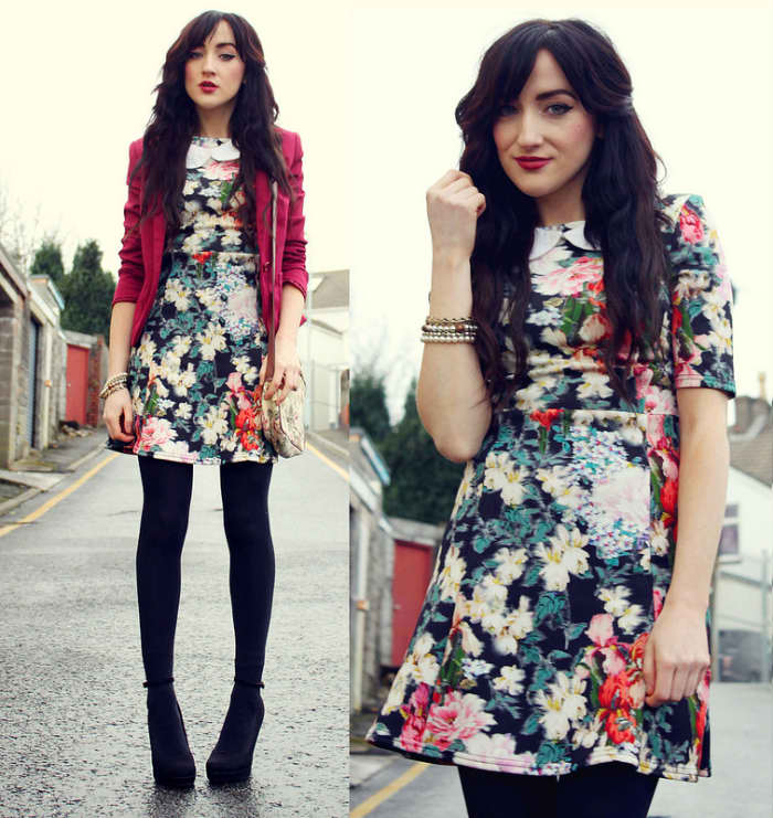 Choose a vintage inspired, dark floral dress. Add black tights and a jacket or sweater for cooler months.