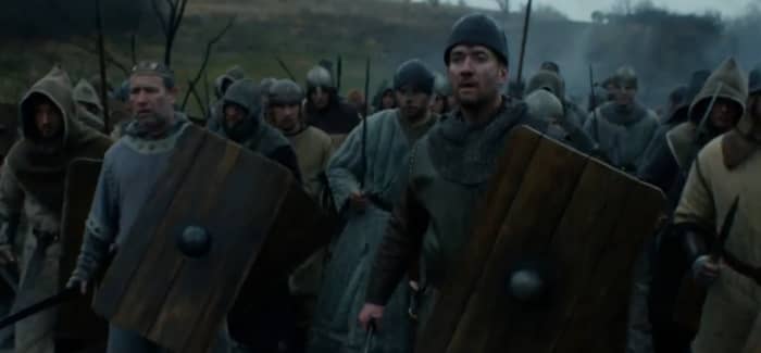 King Osberht of Deira (Southern Northumbria) faces the Danes with Aella's ealdorman of Bernicia (right), early scene from 'The Last Kingdom'