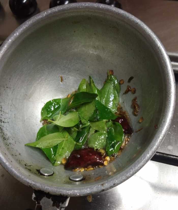 Add broken red chilies and urad dal, wait till urad dal turns golden color. Add fresh curry leaves and fry till crisp.