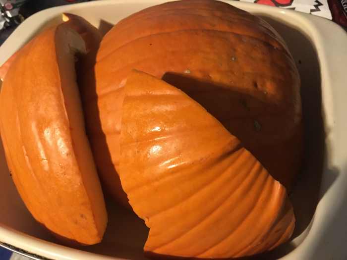 This as a big pumpkin so I cut it into big chunks to get it all in my roasting pan I use for turkeys on Thanksgiving.