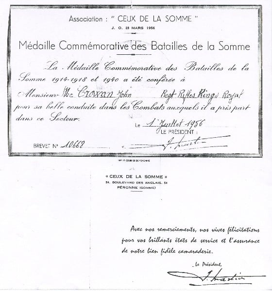 Document verifying John Joseph McGowan's presence at the Battle of the Somme (1st July to 18th November 1916.)