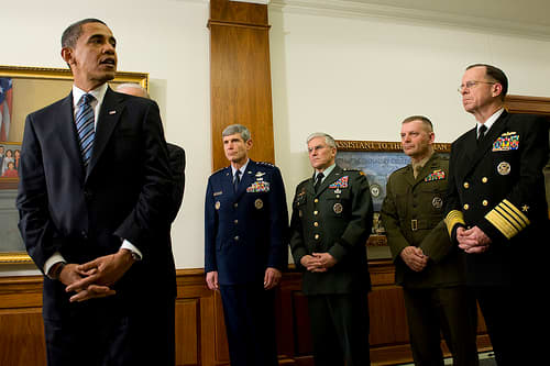 The US Commander-in-Chief and his Military general consulting on the War of Ideas and the war on the ground, air and everywhere