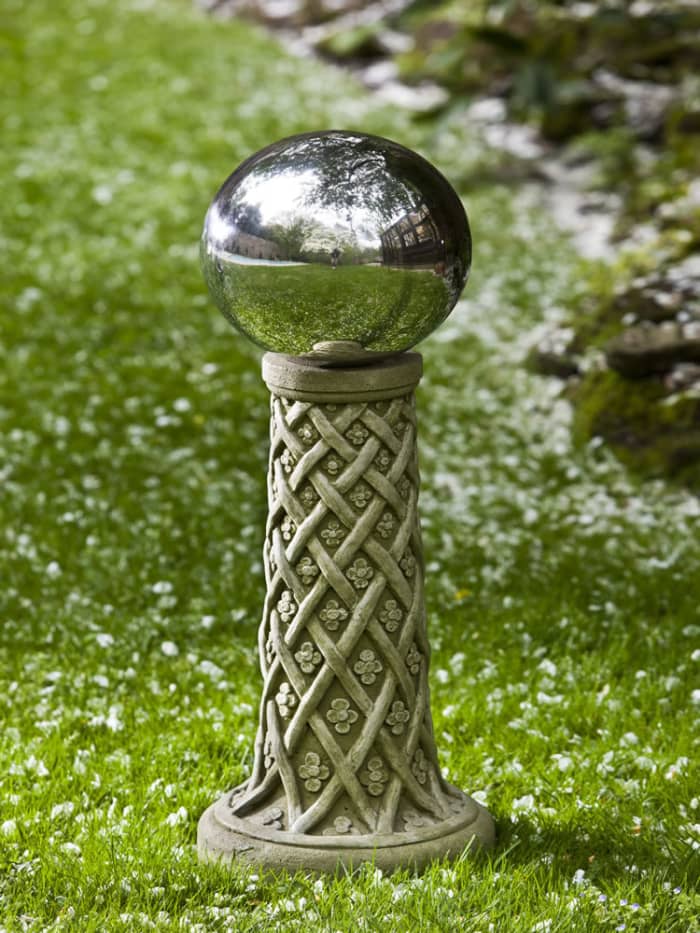Daisyweave Globe Holder comes in your choice of hand-applied classic and distinct patinas so each is unique. The stand measures 11" long, 11" wide, 22.25" high, and weighs 60 lbs. Ships UPS.
