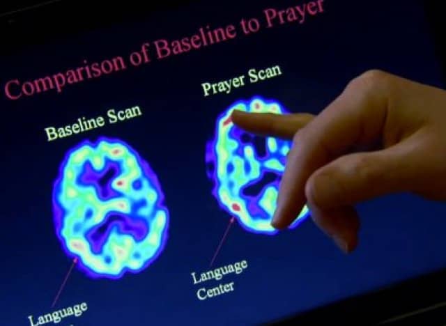 Scan on left is not contemplating God while scan on right is in prayer. Red areas show activity in language center of brain.