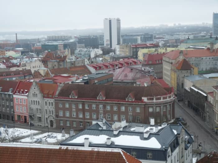 Tallinn old town. The brown building in center with 3 gables and curved corner with columns houses Estonia's Ministry of Economic Affairs and Communications.