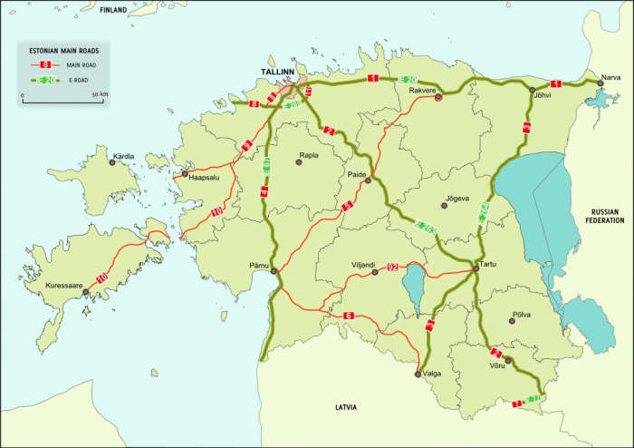 Main highways of Estonia. No place in Estonia is further than 60 km (i.e. within charging distance) from an EV charging system. Estonia is the first in the world with country-wide EV charging coverage.