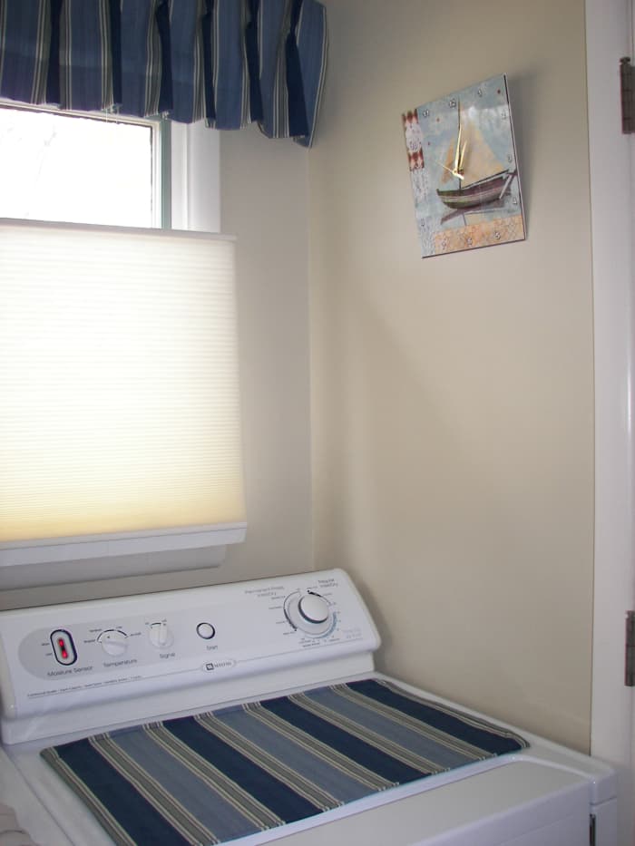Nautical Laundry Room with Magnetic Laundry Room Place Mat for Clothes Dryer with top down bottom up pleated shades and nautical valances