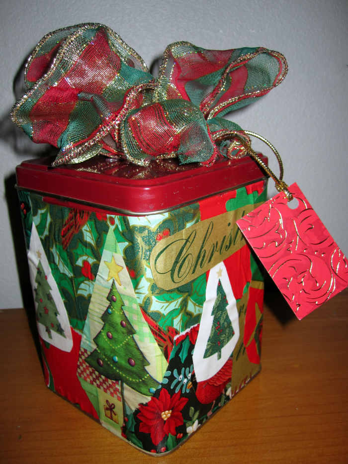 Decoupage tin containers Using recycled materials to make gift boxes