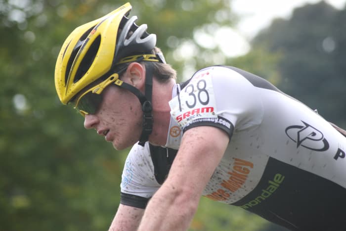 You can tell a lot from a riders face. David Fletcher of Orangemonkey- Cannondale looks cool, calm and in controlled concentration while leading a cyclocross race
