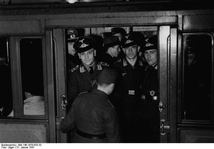 January 31,1941. German soldiers from the Luftwaffe and the Wehrmacht traveling in Paris subway, the Metropolitain
