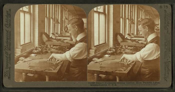 Expert workman cutting leather, shoe factory, Lynn, Mass., U.S.A.This media file is in the public domain in the United States. This applies to U.S. works where the copyright has expired, often because its first publication occurred prior to January 1