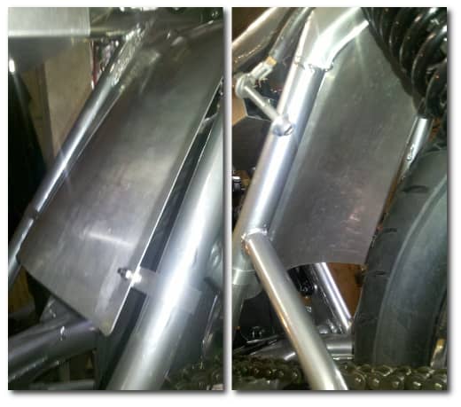 A lightweight aluminum inner fender was crafted to protect the carburetors, engine and electronics from road grime, rocks and water.