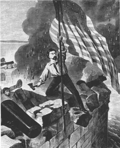 Fort Sumter garrison member replaces the U.S. flag on the damaged flagpole, all the while under fire.