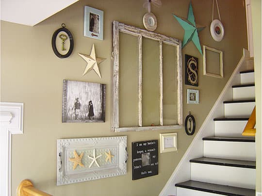 This great collection was done using an old widow as the focal point and ceiling tiles, pictures, collectibles, etc.