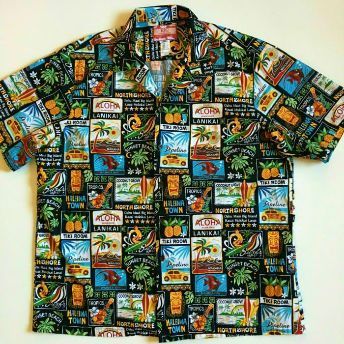 Here is a wonderful mint, RJC USA Men's 2XL Black Tropical Hawaiian Aloha Shirt, and it is 100% Cotton. Made in Hawaii by people who know Hawaiian shirts.