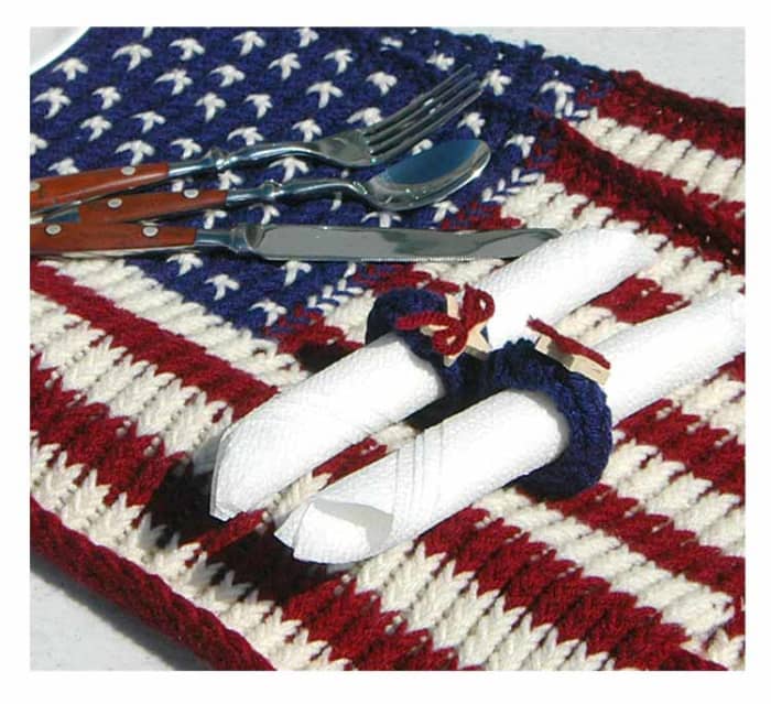 Red, white, and blue flag placemat to dress up any Fourth of July, Labor Day, or Memorial Day celebration.