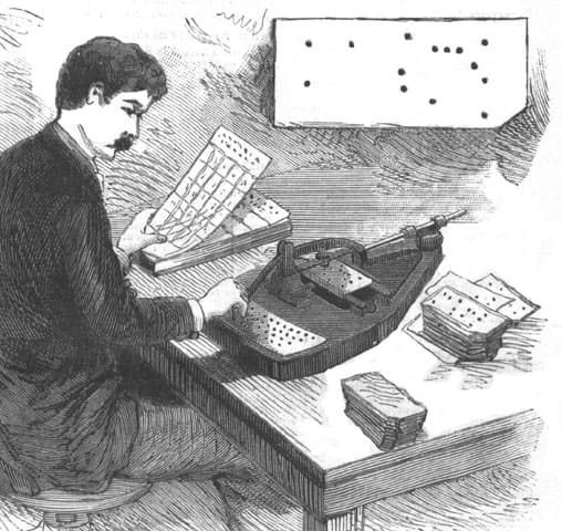 Hollerith's pantograph-inspired hole punch machine was used in the 1890 census.