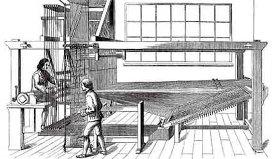 A pre-mechanization draw loom. Note the draw-boy awaiting instructions from the master weaver. (Public domain illustration)