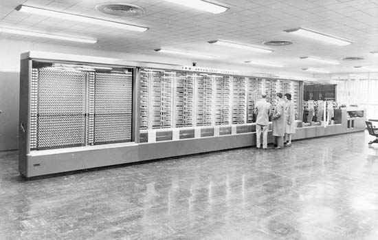 The Mark 1 Computer, designed by Aikens and Grace Hopper was funded by IBM and built and installed at Harvard in 1944. It was 8 feet tall and 55 feet in length. The U.S. Navy used it for ballistics calculations during WWII. It was retired in 1959.