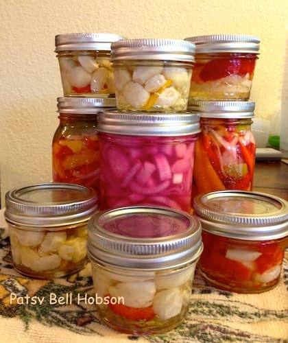 Store garlic in small jars to share. Pickled onions (in the center) are made by using small to medium red onions.