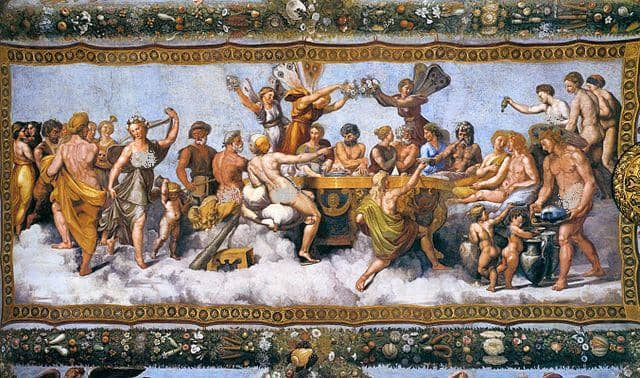 The Wedding Banquet of Cupid and Psyche (1517) by Raphael and his workshop, from the Loggia di Psiche (it), Villa Farnesina