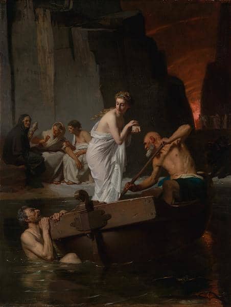 Psyché aux enfers (1865) by Eugène Ernest Hillemacher: Charon rows Psyche past a dead man in the water and the old weavers on shore