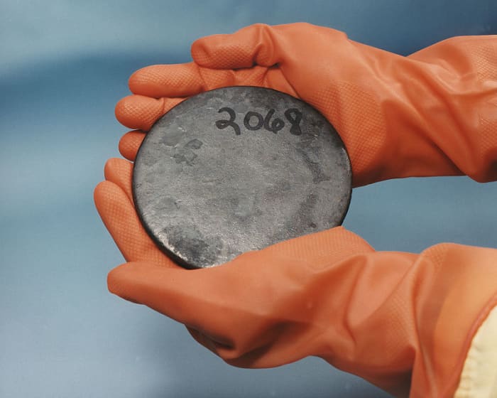 HEUraniumC, A billet of highly enriched uranium that was recovered from scrap processed at the Y-12 National Security Complex Plant. Original and unrotated.