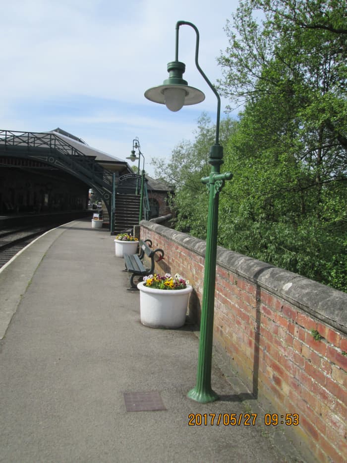 Three similar lamp standards on Pickering Station's 'Down' platform (Grosmont and Whitby direction). The Hornby 'Skaledale' range includes similar fluted-post types, originally gas lit