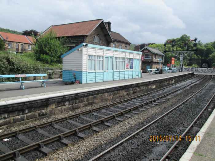 That enclosed North Eastern platform shelter again -gives the station an authentic feel, with the North Eastern Railway style signal cabin beyond at the crossing - originally a wooden cabin on a brick plinth in the junction with the Battersby line
