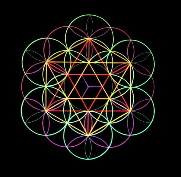 If you study the illustration closely it will reveal all of the five Platonic Solids with in its shape.