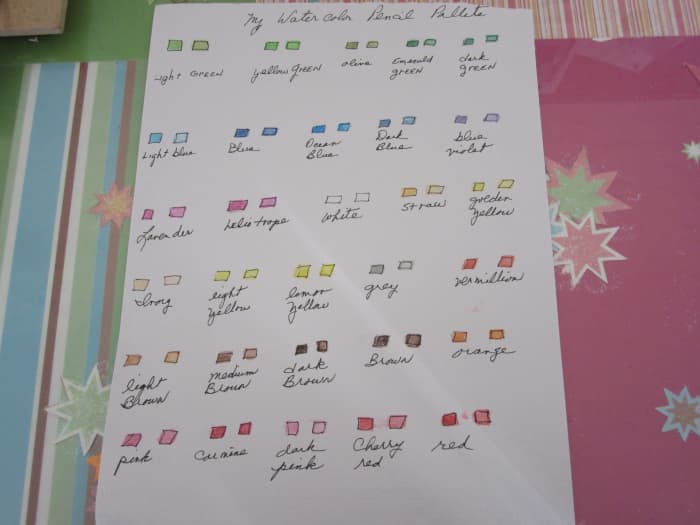 This is the watercolor palette that I created for my personal pencil collection. Create a color chart for each set and attach the chart to the bottom on the storage case for future use,
