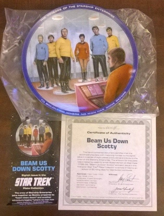 This is a wonderful collector plate made by Hamilton Collection for Star Trek; this plate is titled "Beam us down Scotty" The beautiful artwork was done from Susie Morton a remarkable artist.