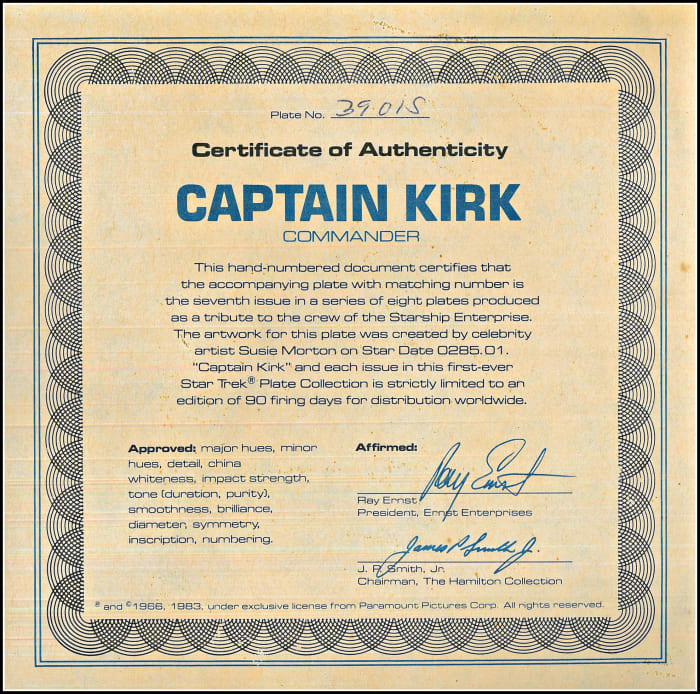 This hand-numbered document certifies that the accompanying plate with matching number is the seventh issue in a series of eight plates produced as a tribute to the crew of the Starship Enterprise.