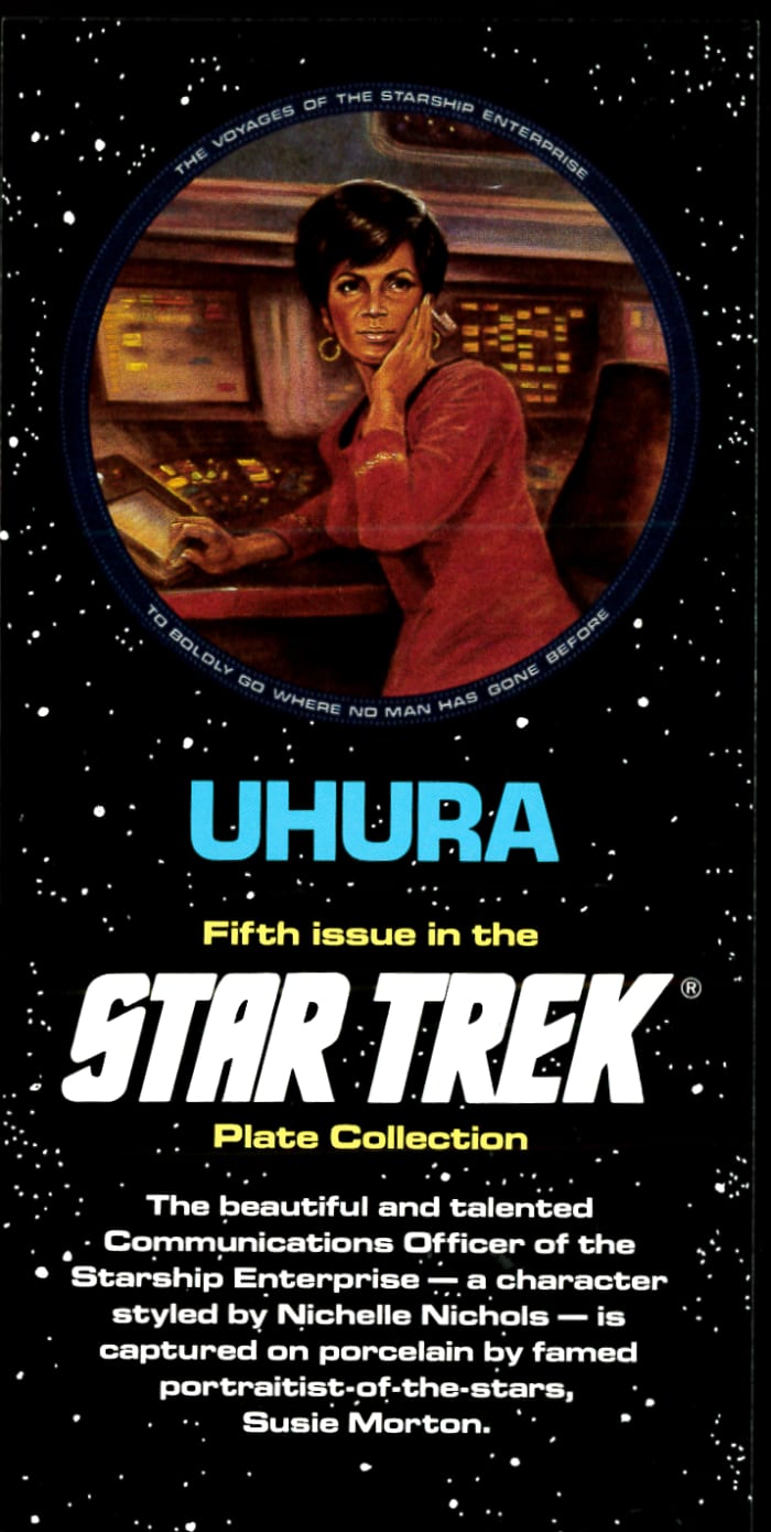 Uhura the character styled by Nichelle Nichols is captured on porcelain by famed portraitist of the stars, Susie Morton.