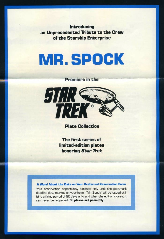Introducing an unprecedented Tribute to the crew of the Starship Enterprise. "Mr. Spock" premiere in the Star Trek plate collection.