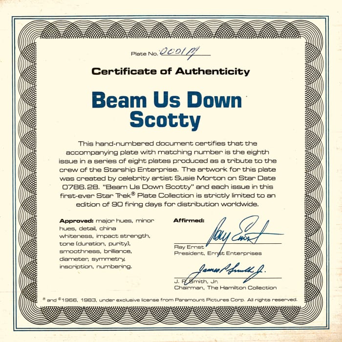 This hand-numbered document certifies that the accompanying plate with matching number is the eighth issue in a series of eighth plates produced as a tribute to the crew of the Starship Enterprise.