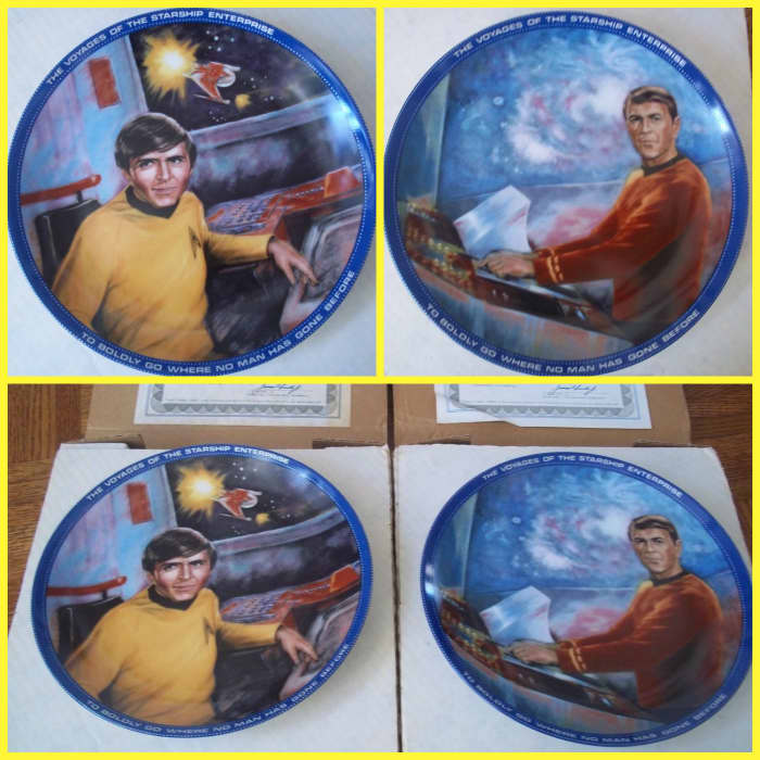 These tow Plates have printing on top of the plate rim THE VOYAGES OF THE STARSHIP ENTERPRISE, and the bottom part of the rim states: TO BOLDLY GO WHERE NO MAN HAS GONE BEFORE, and they both come with papers of authenticity, and are hand numbered on