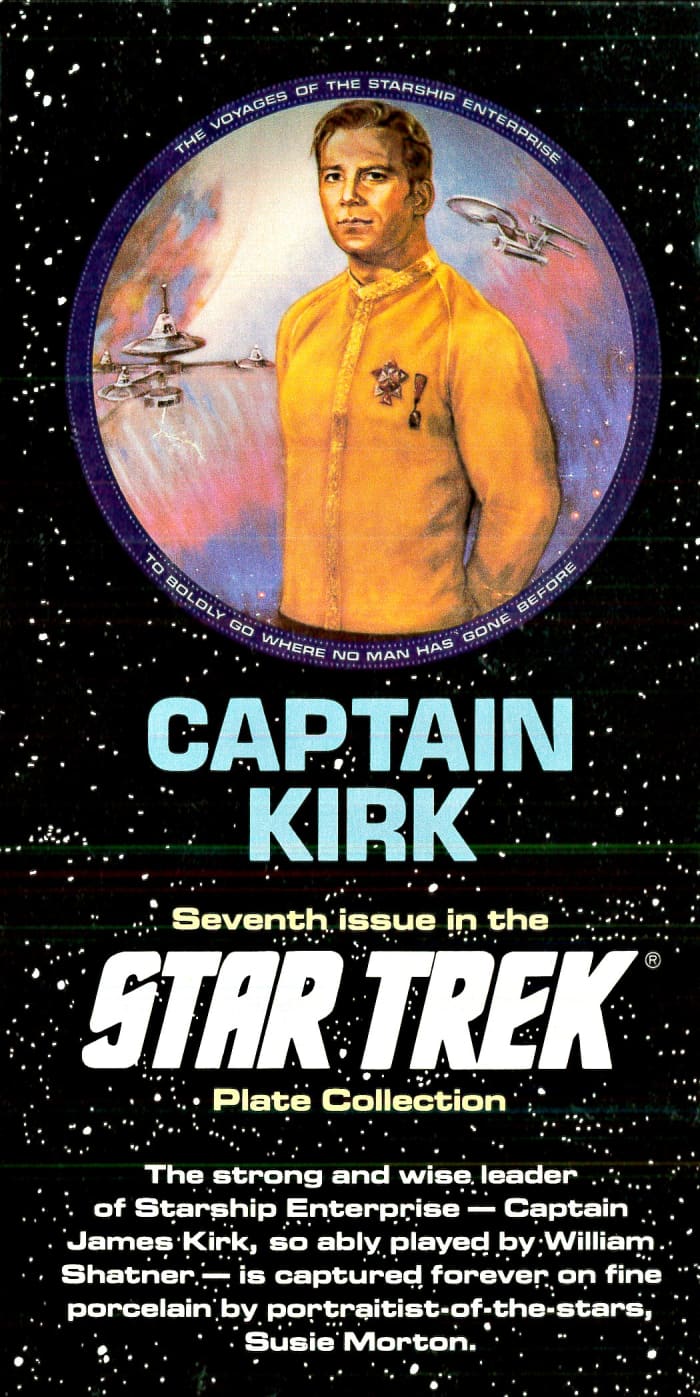 The strong and wise leader of Starship Enterprise - Captain James Kirk, so ably played by William Shatner - is captured forever on fine porcelain by portraitist of the stars Susie Morton.