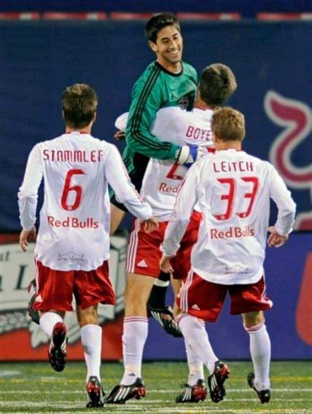 New York Red Bulls goalkeeper Danny Cepero is lifted up by teammate Andrew Boyens during an MLS match against Columbus in 2008. Cepero became the first goalkeeper to score in the MLS and did so on his debut.